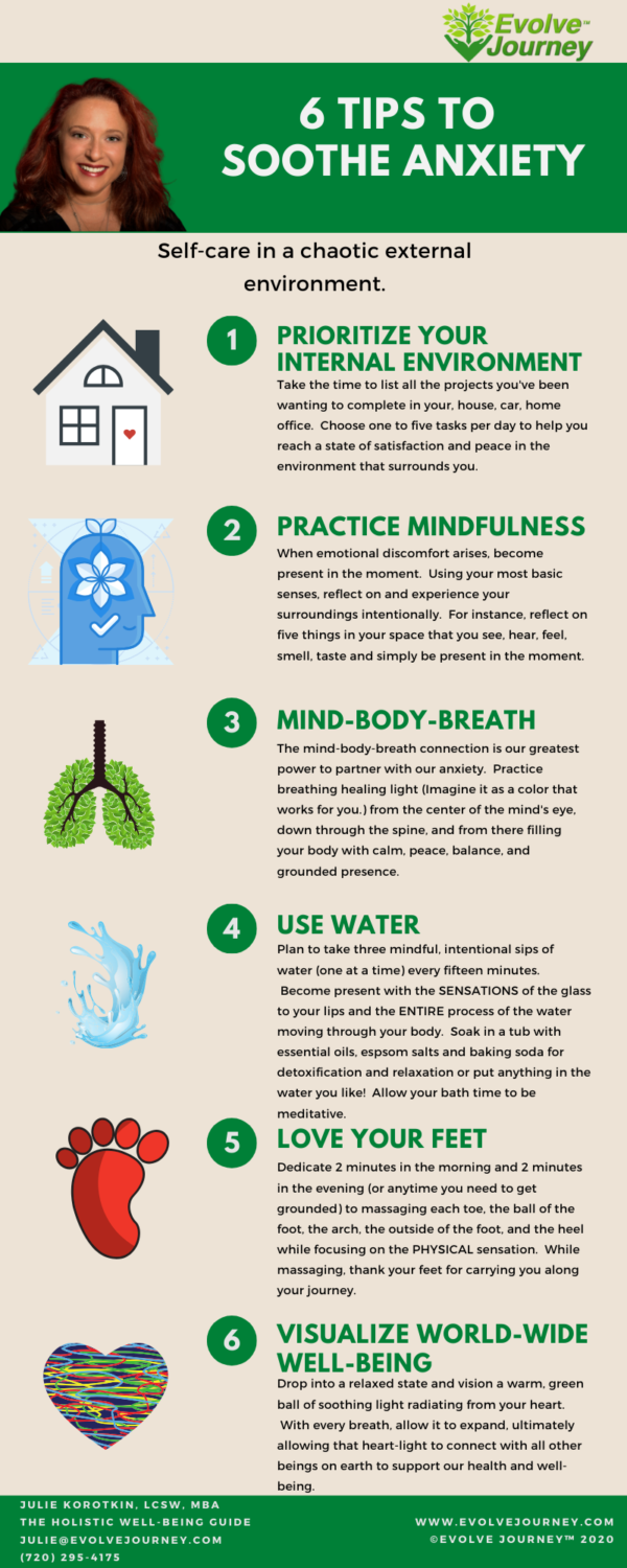 Infographic ~ 6 Tips To Soothe Anxiety – Evolve Journey